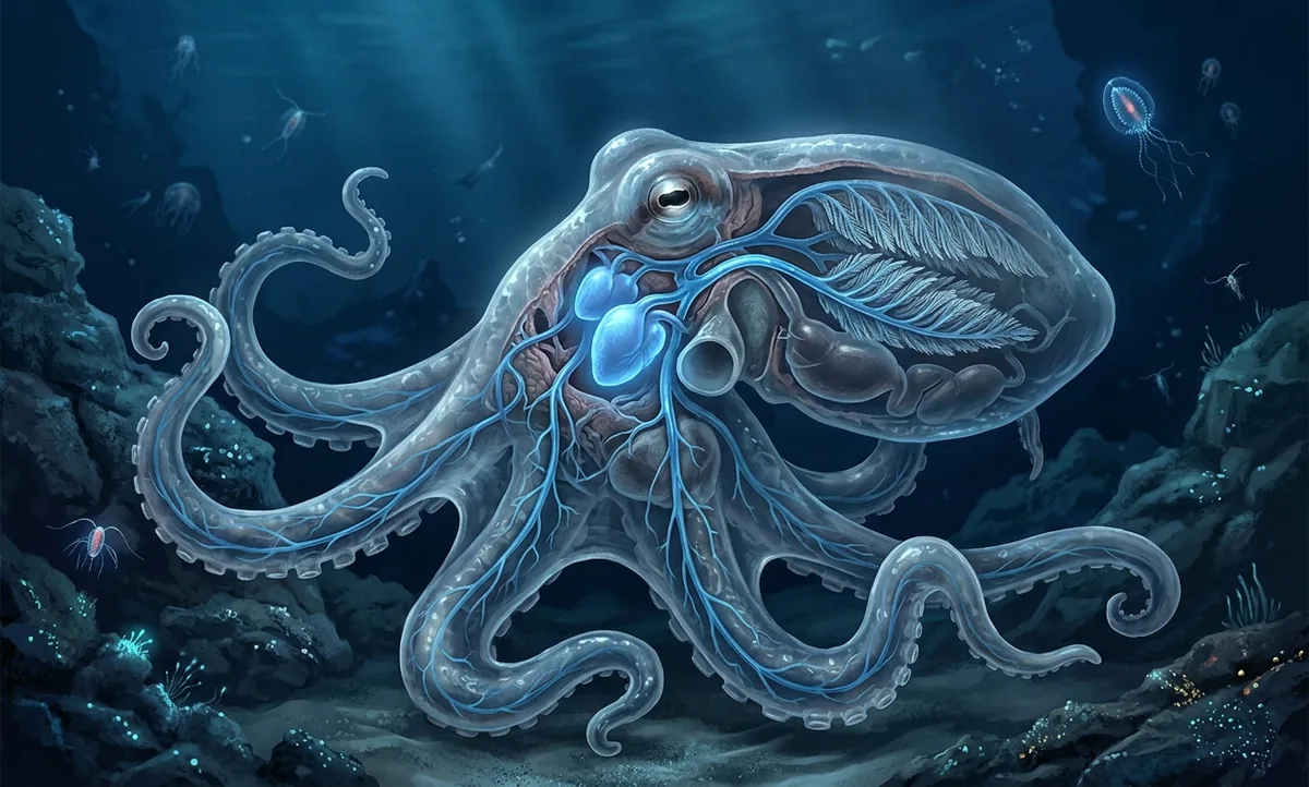 Ilustração científica editorial de um polvo com o corpo semitransparente revelando três corações luminosos e o sangue azul correndo pelas veias em direção às guelras, estilo National Geographic