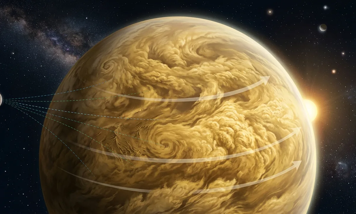 Ilustração científica editorial do planeta Vênus coberto por nuvens douradas de ácido sulfúrico, com setas curvas indicando a rotação retrógrada de leste para oeste e um pequeno Sol nascendo no lado oeste do horizonte, estilo National Geographic