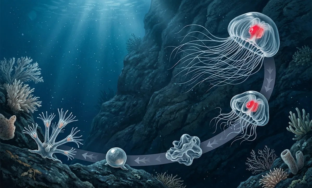 Ilustração científica editorial de uma água-viva Turritopsis dohrnii translúcida com estômago vermelho, mostrada em sequência encolhendo e se transformando numa colônia de pólipos grudada numa pedra do fundo do mar, com setas curvas indicando o ciclo revertido, estilo National Geographic