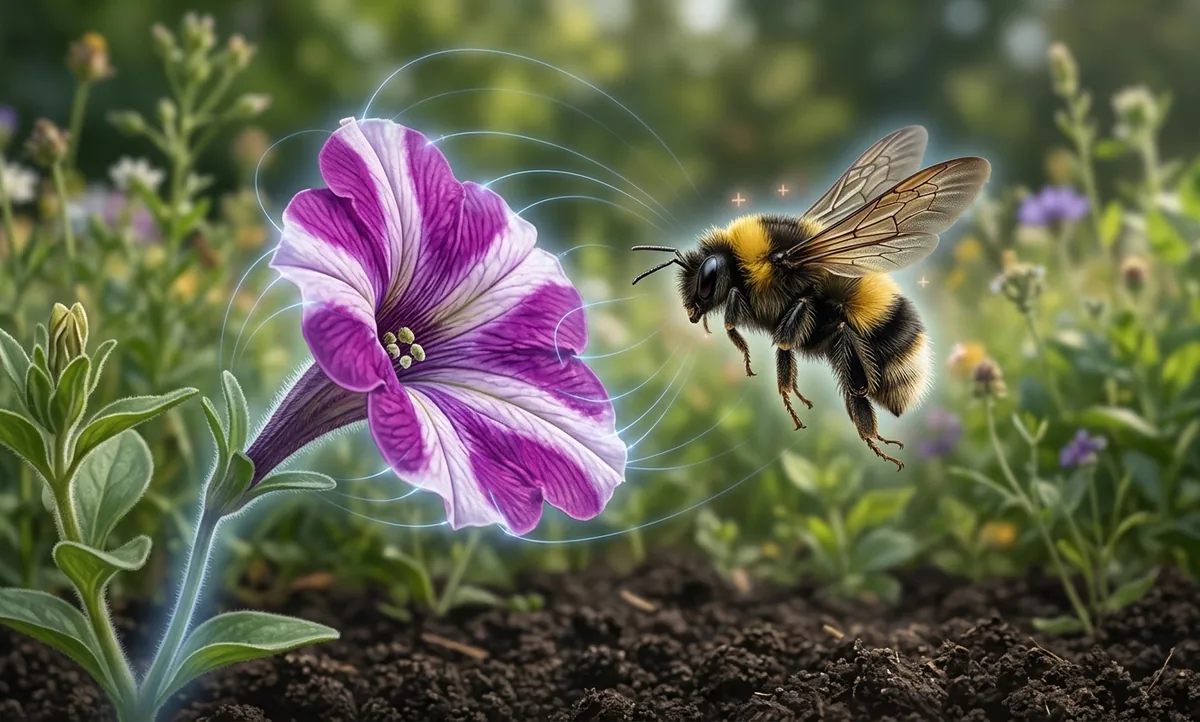 Ilustração científica editorial de um zangão em voo se aproximando de uma flor, com linhas de campo elétrico saindo das pétalas e os pelos do corpo do inseto levemente curvados na direção do campo, estilo National Geographic