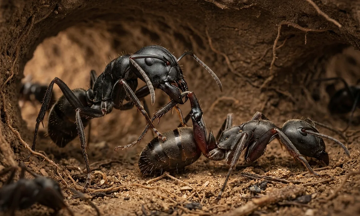 Ilustração científica editorial de duas formigas Megaponera analis grandes e pretas dentro do ninho, uma segurando com as mandíbulas a perna ferida da outra em pleno gesto de amputação, luz suave e detalhe anatômico das mandíbulas e das patas, estilo National Geographic