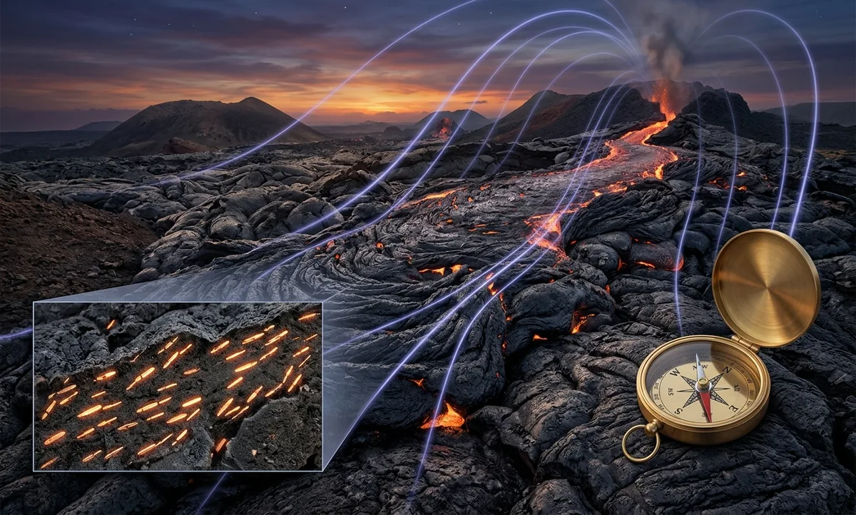 Ilustração científica editorial de uma corrente de lava basáltica negra endurecendo ao entardecer numa paisagem vulcânica, linhas luminosas de campo magnético curvando ao redor e atravessando a rocha, e minúsculos grãos de ferro alinhados dentro da pedra como agulhas de bússola congeladas, estilo National Geographic