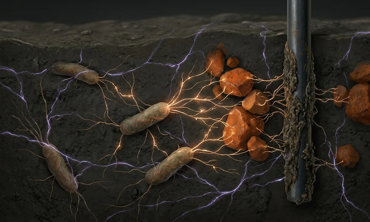 Ilustração científica editorial de bactérias em forma de bastonete no sedimento escuro do fundo de um rio, estendendo filamentos luminosos finíssimos até grãos alaranjados de óxido de ferro, pequenas faíscas de carga correndo pelos fios, estilo National Geographic