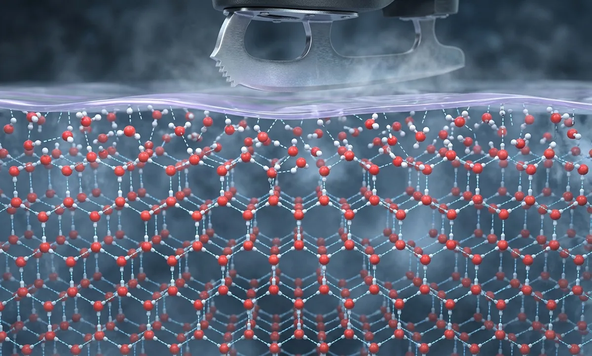 Ilustração científica editorial da superfície de um bloco de gelo em corte, com a rede cristalina hexagonal ordenada embaixo e a última camada de moléculas de água soltas e desordenadas por cima formando um filme brilhante, estilo National Geographic
