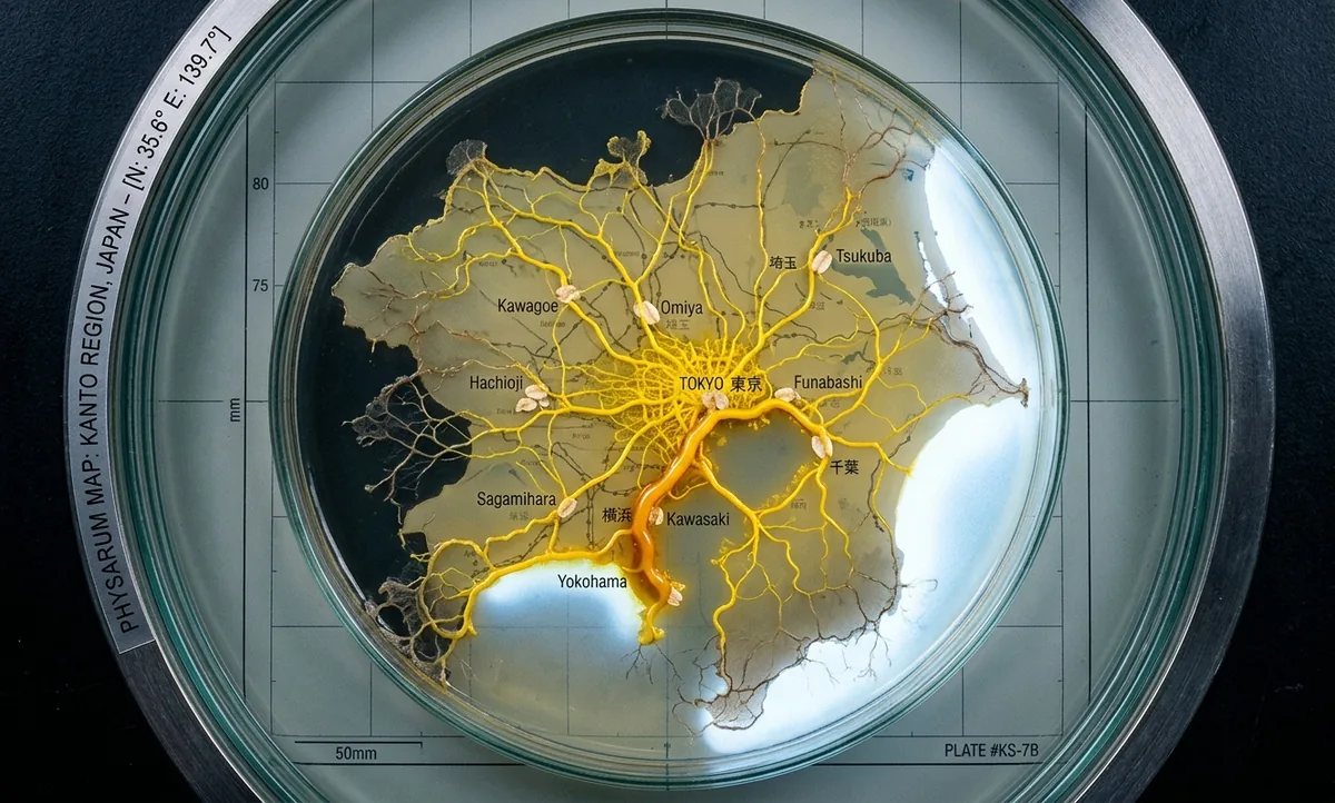 Ilustração científica editorial de uma placa de ágar no formato da região de Tóquio, com flocos de aveia marcando cidades e uma rede de tubos amarelos de mixomiceto ligando os pontos, estilo National Geographic