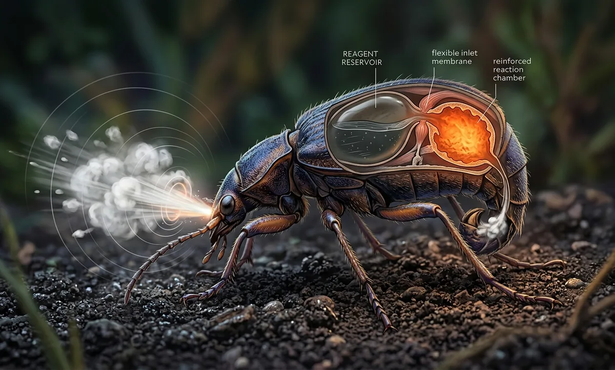 Ilustração científica editorial de um besouro-bombardeiro disparando um jato quente pela ponta do abdômen, com corte anatômico mostrando reservatório, câmara de reação reforçada e membrana de válvula, estilo National Geographic