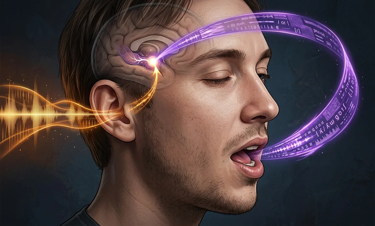Ilustração científica editorial de um rosto humano em close com a boca articulando uma sílaba, ondas sonoras entrando pelo ouvido e um traço visual saindo dos lábios, os dois convergindo em um ponto luminoso no lobo temporal, estilo National Geographic