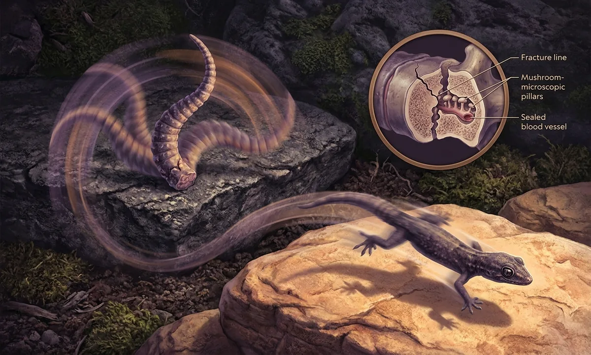 Ilustração científica editorial de uma lagartixa escapando por uma pedra enquanto o rabo destacado se contorce no chão atrás dela, com o plano de fratura da vértebra caudal desenhado em corte ao lado, estilo National Geographic