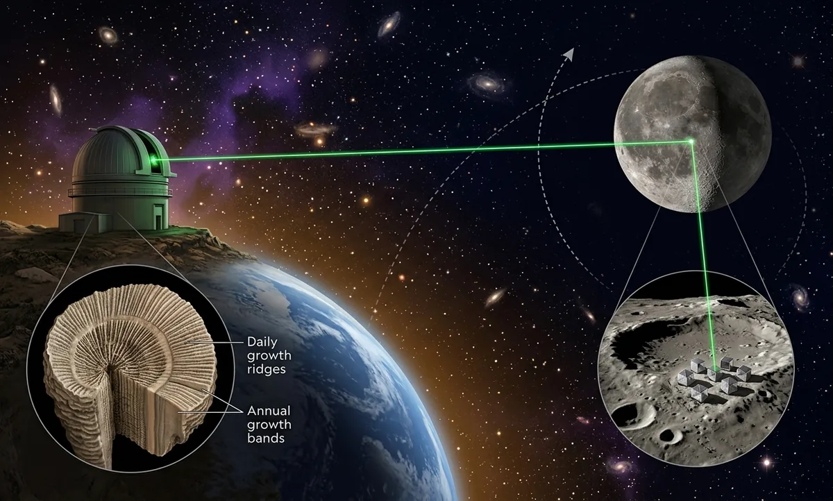 Ilustração científica editorial de um feixe de laser saindo de um observatório na Terra e alcançando um painel de prismas refletores apoiado na superfície lunar, com um corte de coral fóssil mostrando estrias diárias de crescimento ao lado, estilo National Geographic