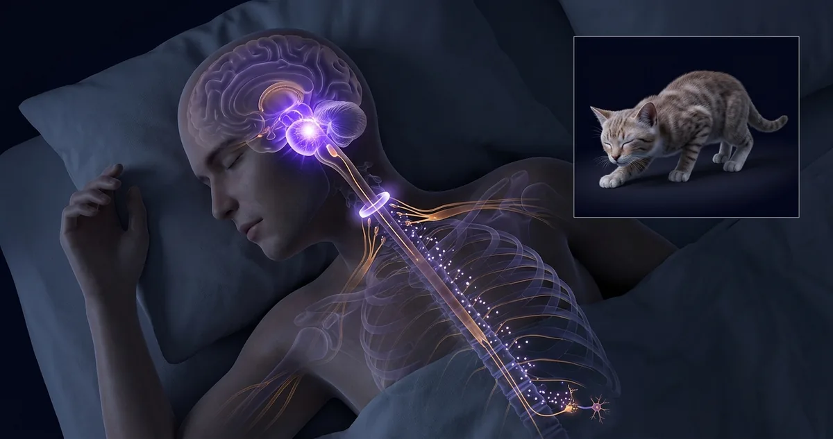 Ilustração científica editorial de uma pessoa dormindo vista de cima, com sobreposição anatômica translúcida mostrando o tronco cerebral aceso e as vias nervosas descendentes bloqueadas por uma comporta luminosa na altura do pescoço, e um detalhe lateral de um gato dormindo em postura de bote, estilo National Geographic