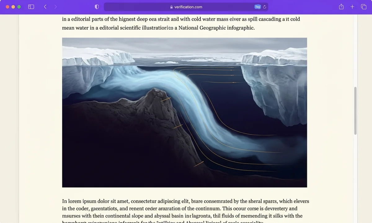 Ilustração científica editorial em corte vertical do Estreito da Dinamarca, com a massa de água gelada e densa transbordando um degrau submerso entre a Groenlândia e a Islândia e descendo o talude por dentro do Atlântico mais quente até cerca de 3.500 metros de profundidade, estilo National Geographic