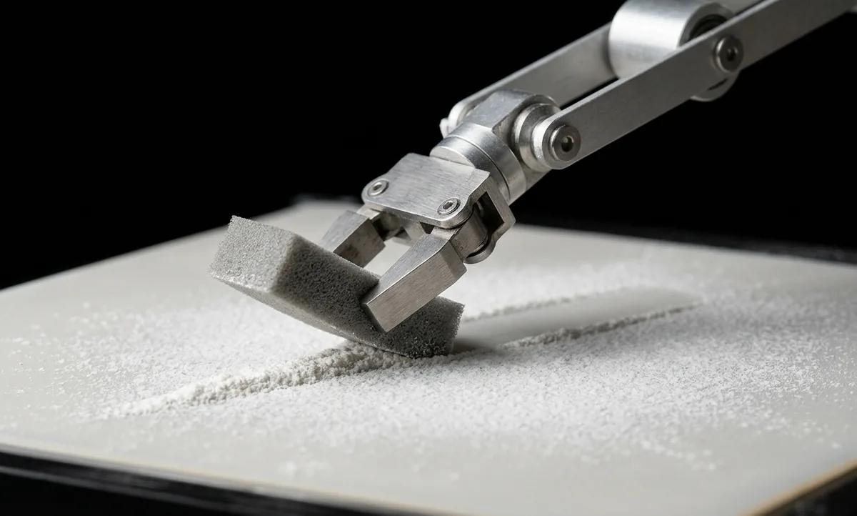 Macrofotografia da ponta nua de um braço robótico segurando uma tira de espuma cinza, capturada no meio da passada sobre uma membrana de silicone clara coberta por pó fino, com uma crista de pó levantada atrás da passada, fundo preto e uma única luz dura vinda da esquerda