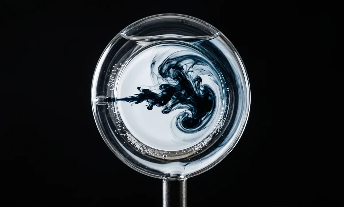 Fotografia macro de um anel de vidro transparente fechado, cheio de líquido, montado em um poste de metal nu, com um filete de corante escuro girando atrasado dentro do tubo, fundo preto e luz lateral dura vinda da esquerda