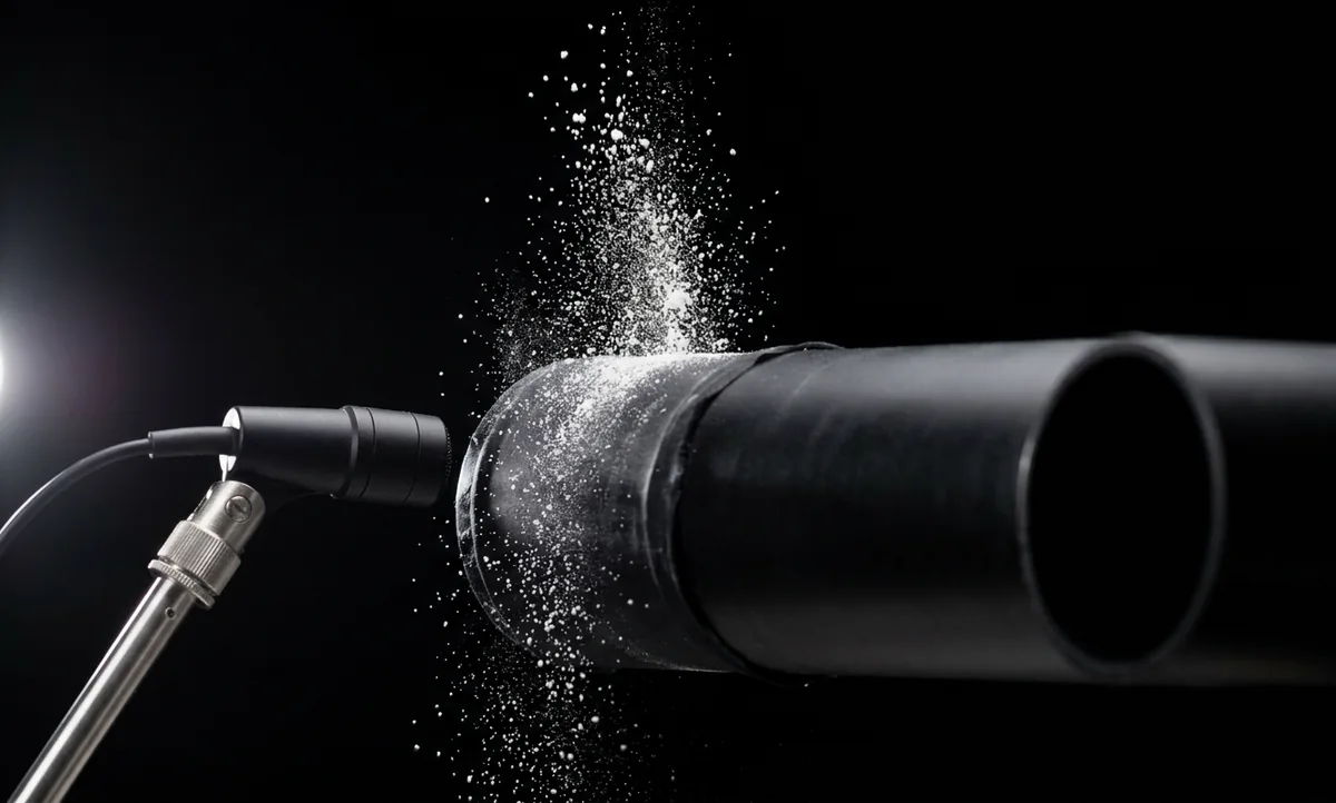 Fotografia macro de uma membrana fina e esticada sobre a boca de um tubo preto e nu, coberta de pó branco que salta da superfície em leque congelado no ar, com uma cápsula de microfone sem marcação apontada para ela, fundo preto e luz lateral dura vinda da esquerda