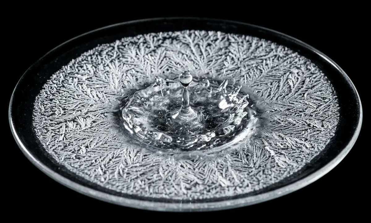Fotografia macro de um filme fino de cristais sobre uma placa de vidro lisa e sem marcação, com uma gota transparente atingindo o centro e dissolvendo o desenho num anel congelado no ar, fundo preto e luz lateral dura vinda da esquerda