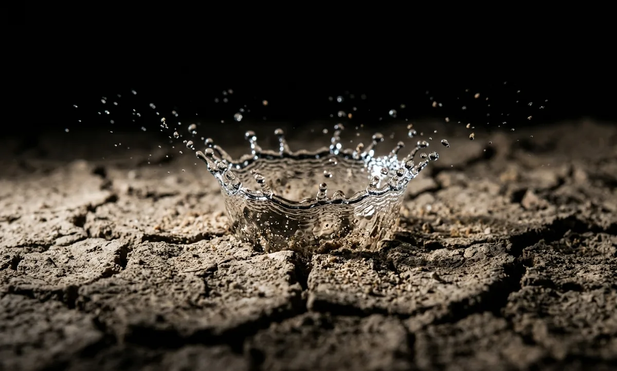 Fotografia macro de uma gota de água atingindo terra seca rachada, com a coroa de respingo congelada no ar e grãos de solo suspensos, fundo escuro e luz lateral dura vinda da direita