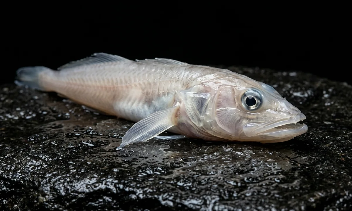 Fotografia de um peixe antártico pálido e translúcido sobre pedra molhada escura, guelras claras visíveis, fundo preto e luz lateral dura vinda da esquerda