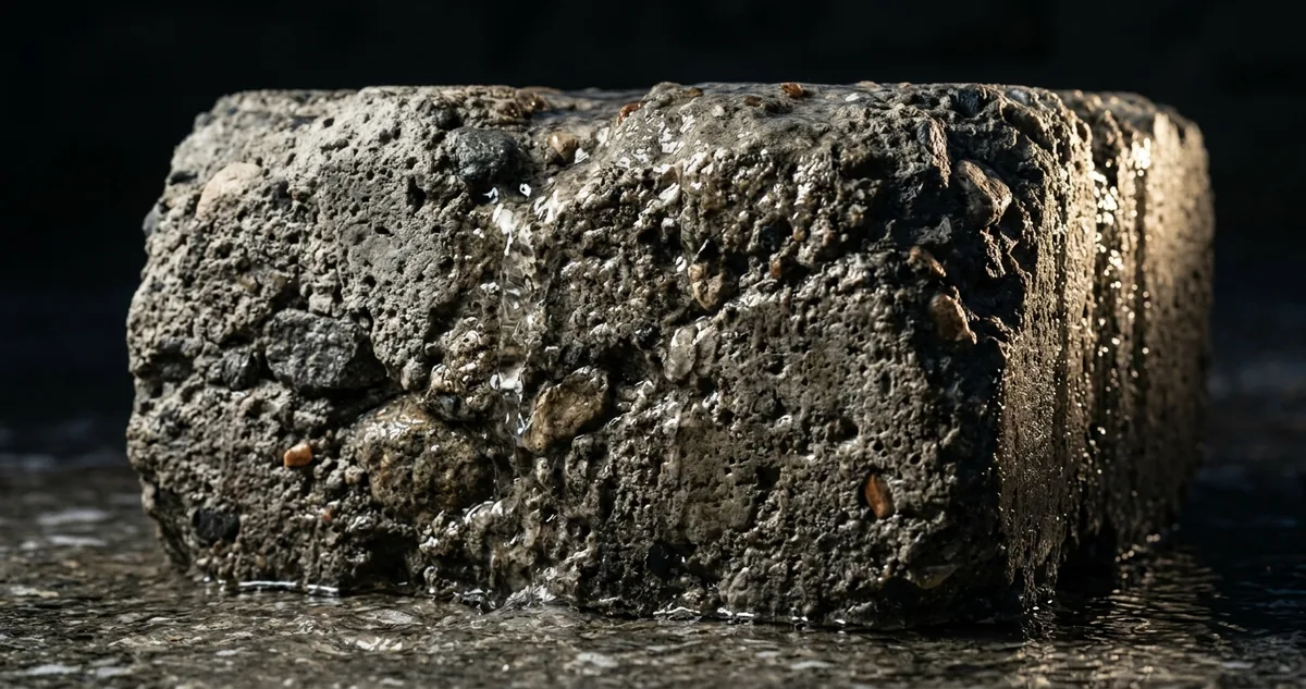 Bloco maciço de concreto antigo encostado na arrebentação, superfície porosa cinza com pedras embutidas, água salgada escorrendo, luz lateral dura vinda da direita