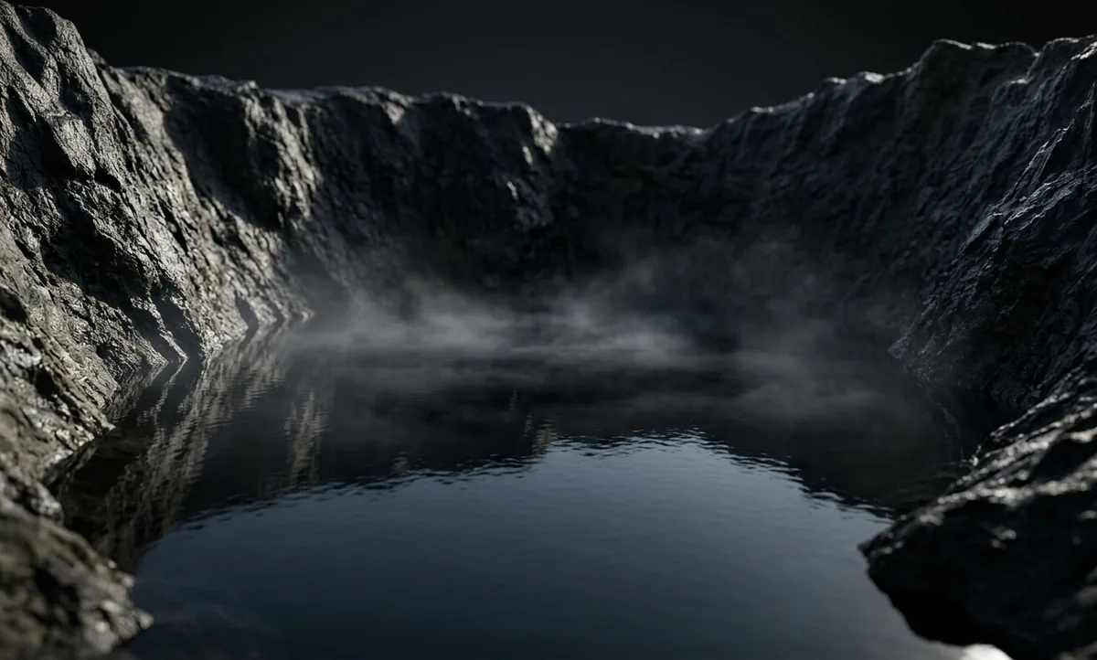 Lago de cratera de água escura cercado por paredes íngremes de rocha, névoa baixa presa sobre a superfície, luz lateral dura vinda da esquerda