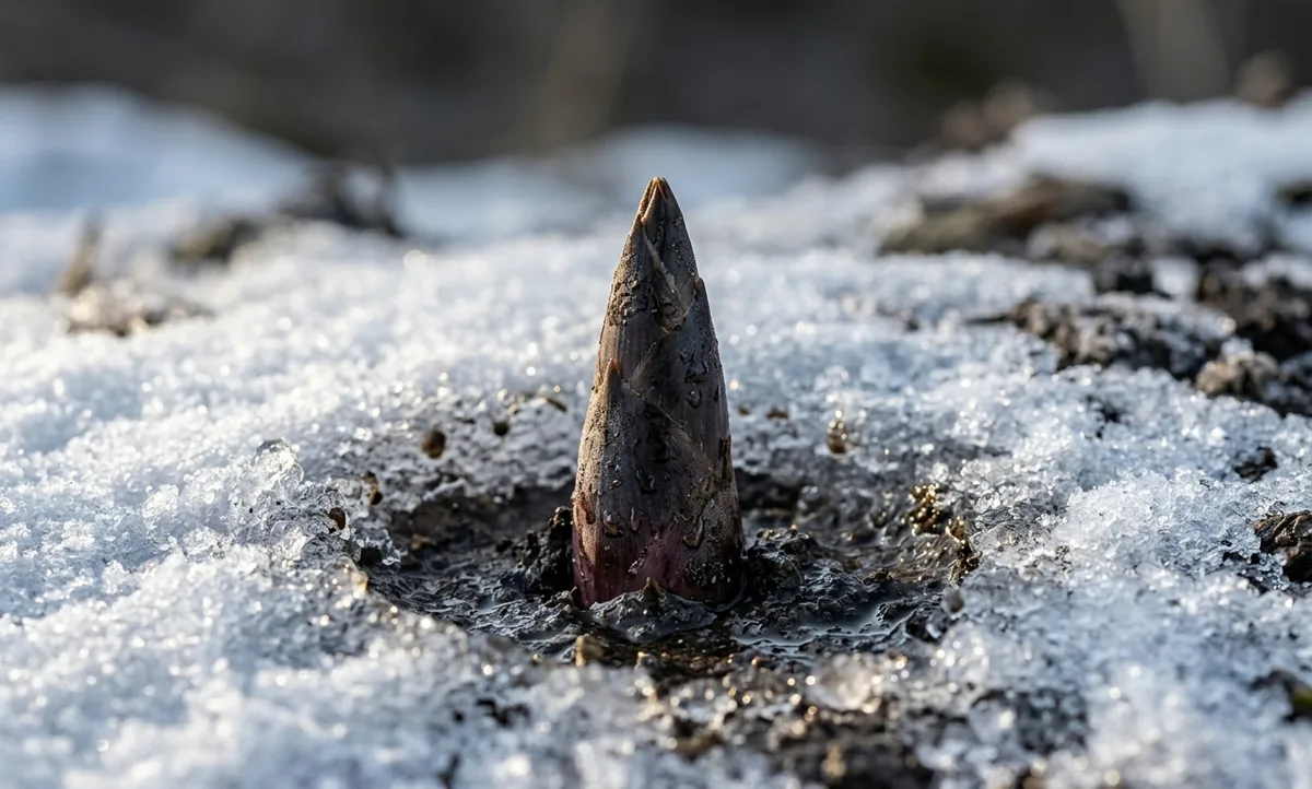 Broto cônico escuro emergindo de uma cratera derretida em um campo de neve, luz rasante de inverno, fundo branco