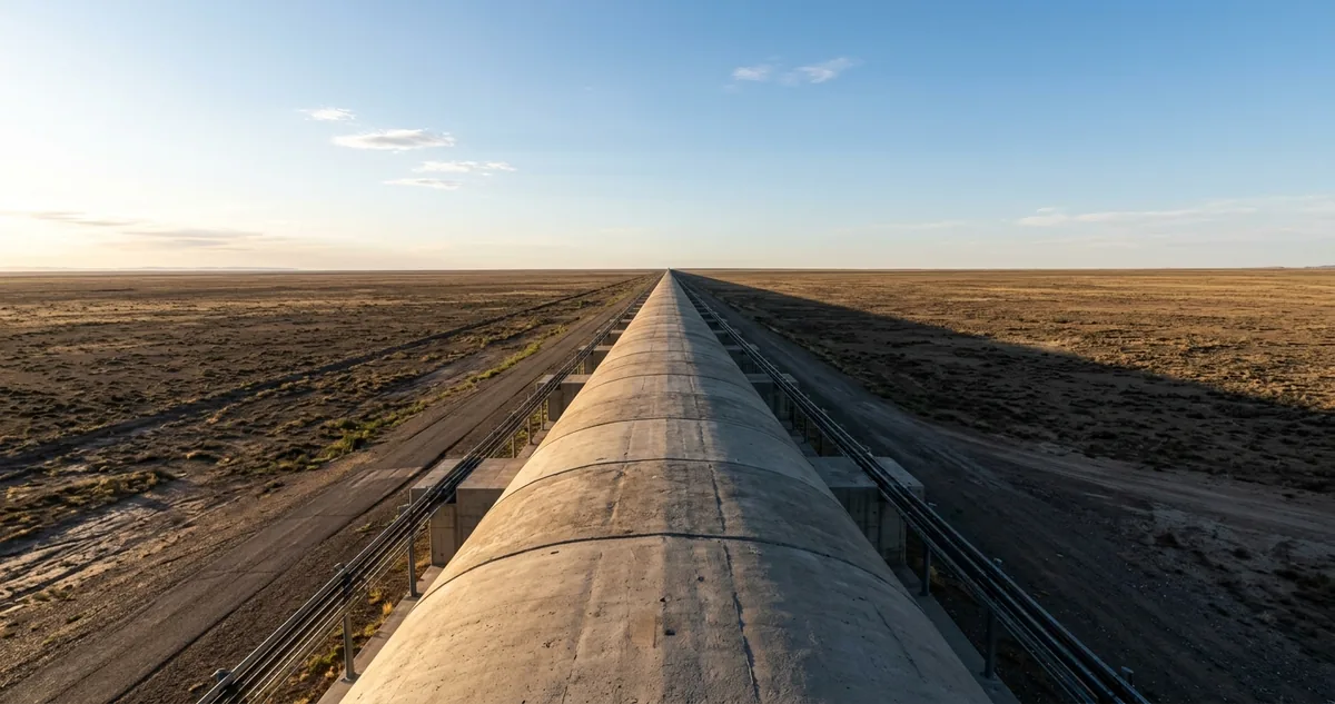 Braço de concreto de um interferômetro se estendendo em linha reta pela planície até o horizonte, céu limpo do fim de tarde