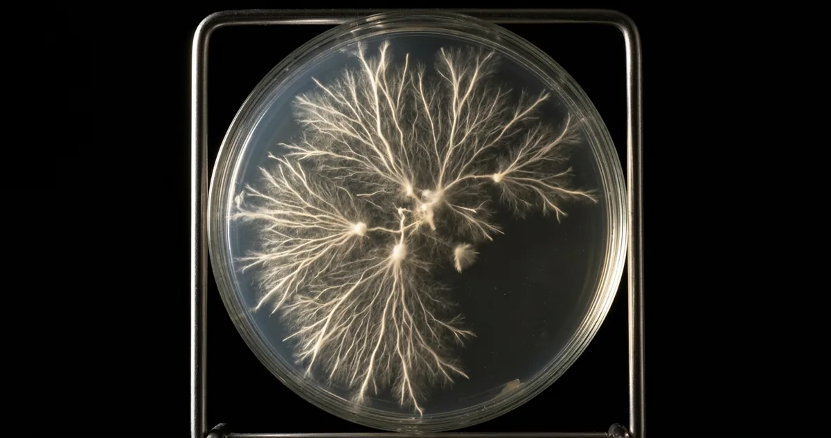 Colônia bacteriana rosada em placa de ágar sob luz de laboratório, textura úmida e brilhante