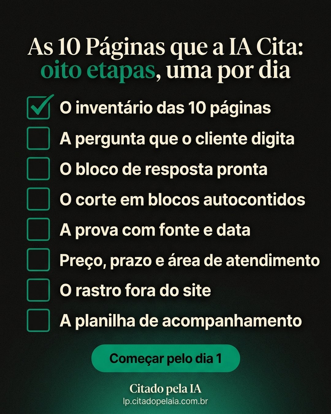 As 10 Páginas que a IA Cita: oito etapas, uma por dia: O inventário das 10 páginas, A pergunta que o cliente digita, O bloco de resposta pronta, O corte em blocos autocontidos, A prova com fonte e data, Preço, prazo e área de atendimento, O rastro fora do site, A planilha de acompanhamento. Começar pelo dia 1.