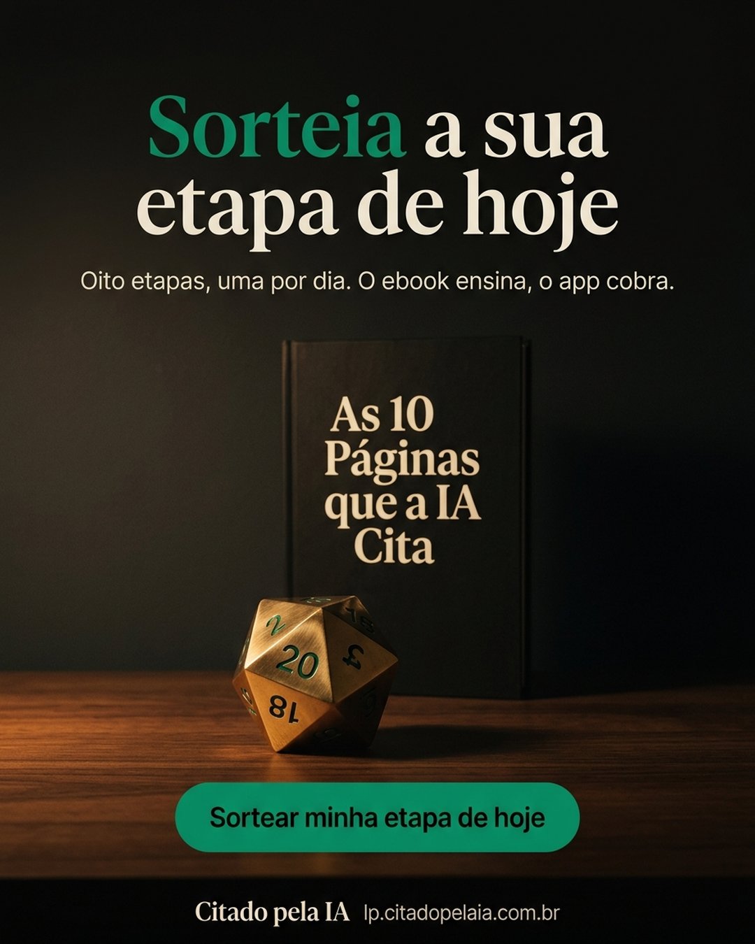 Sorteia a sua etapa de hoje. Oito etapas, uma por dia. O ebook ensina, o app cobra. Sortear minha etapa de hoje.