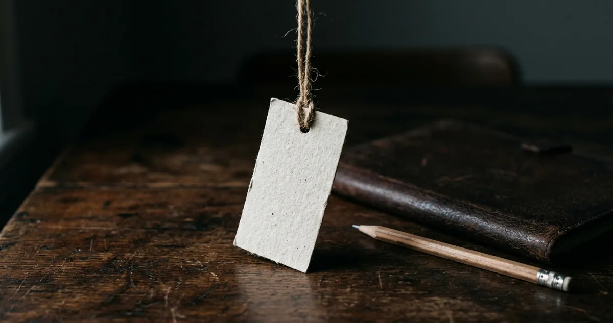 Etiqueta de preço em branco pendurada por barbante sobre mesa escura, sem pessoas