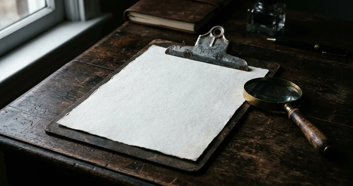 Folha de papel em branco presa numa prancheta antiga sobre mesa escura, sem pessoas