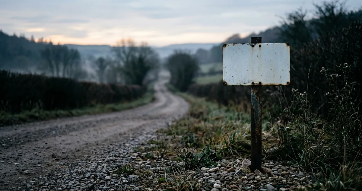 Placa de sinalização antiga apontando para uma estrada vazia ao amanhecer, sem pessoas