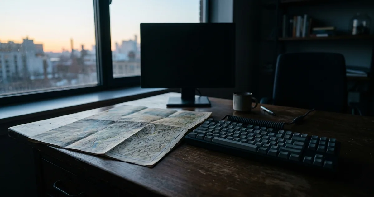Mesa de escritório vazia ao amanhecer com um mapa dobrado aberto ao lado de um teclado, sem pessoas
