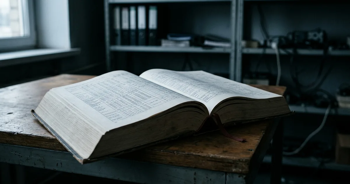 Mesa de escritório vazia com um catálogo técnico impresso aberto em tabelas de especificação, sem pessoas