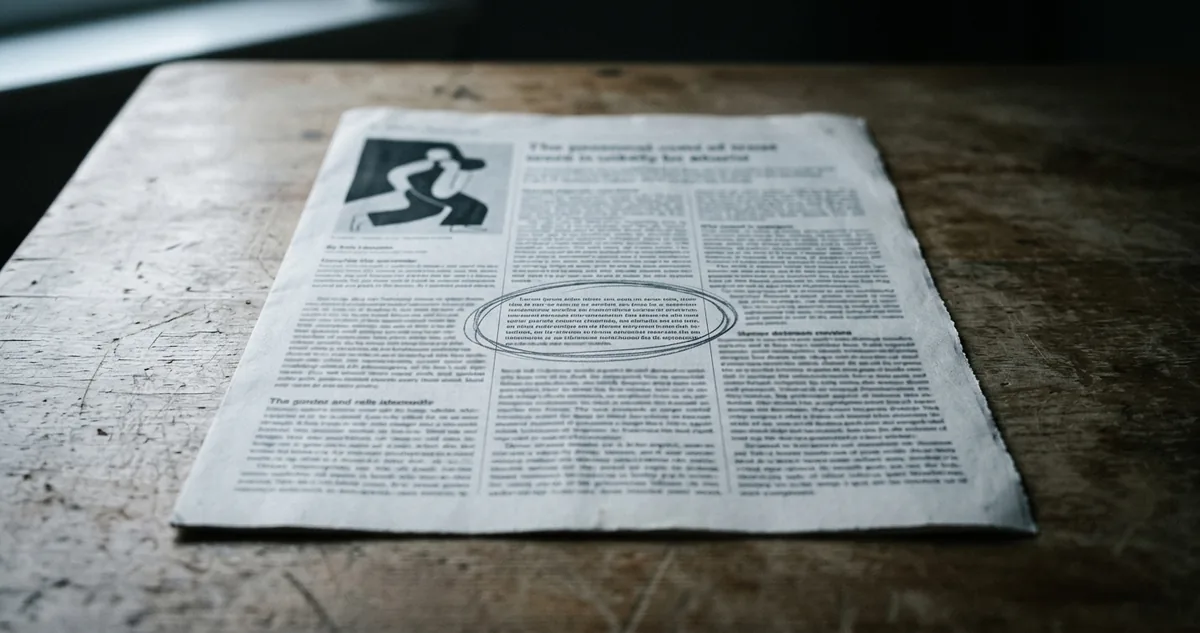 Página impressa sobre mesa clara com um único parágrafo do meio marcado a lápis, o resto do texto intocado, sem pessoas