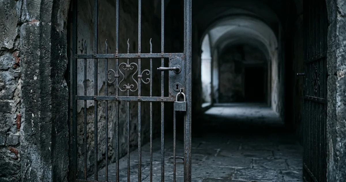 Portão de metal fechado diante de um corredor iluminado, visto de frente, sem pessoas