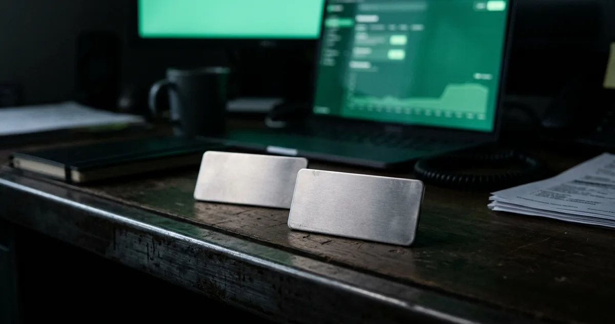 Duas placas de identificação idênticas lado a lado sobre mesa de metal, uma levemente fora de foco, sem pessoas