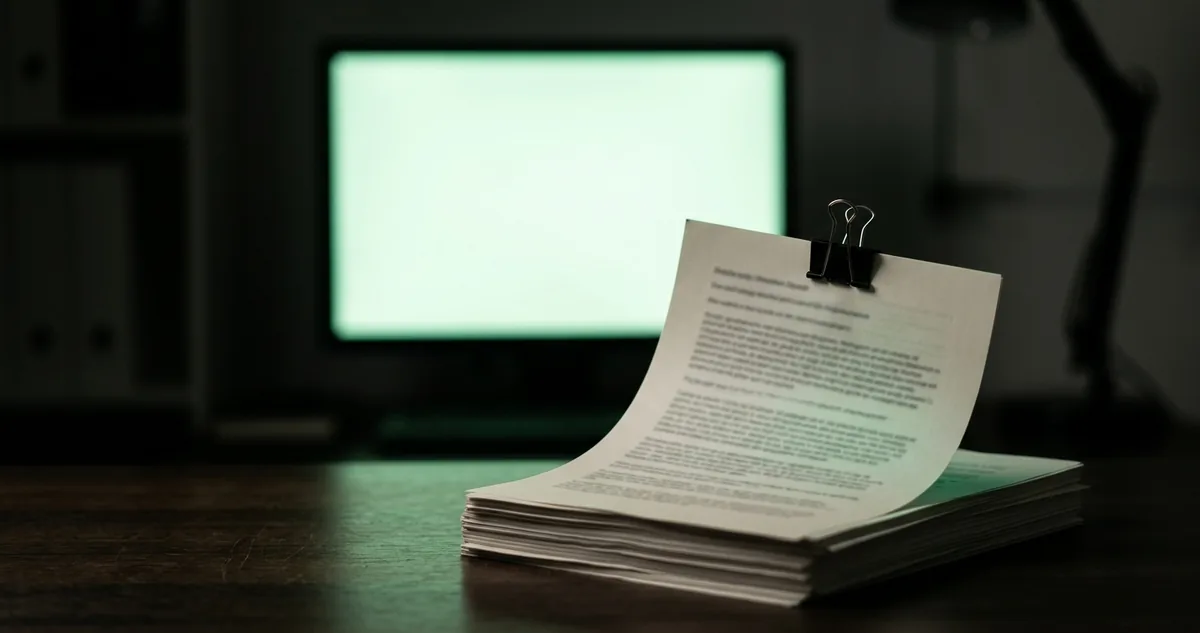 Bancada escura de escritório com folha impressa de robots.txt em foco e tela desfocada ao fundo com brilho verde, sem pessoas