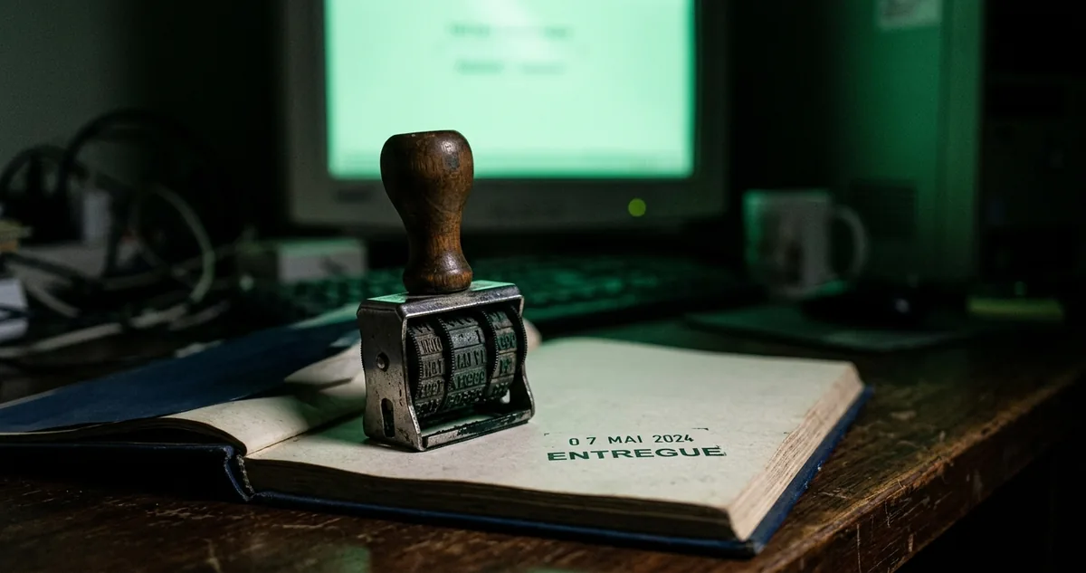Bancada escura com fichas de papel recortadas em foco, uma palavra por ficha, e tela desfocada ao fundo com brilho verde, sem pessoas