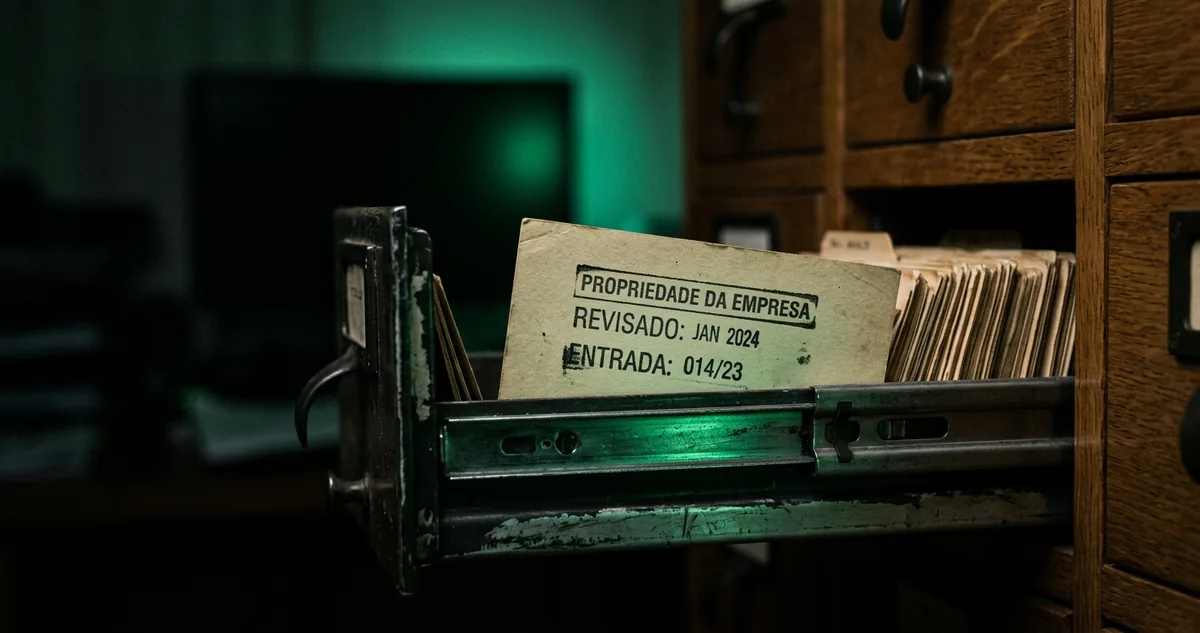 Bancada escura com placa de horário de funcionamento impressa em foco e tela desfocada ao fundo com brilho verde