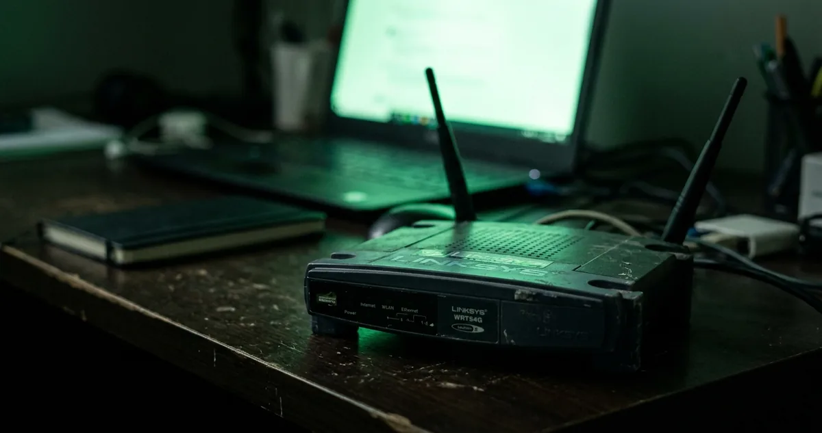 Terminal aberto sobre bancada escura exibindo linhas de log, brilho verde ao fundo