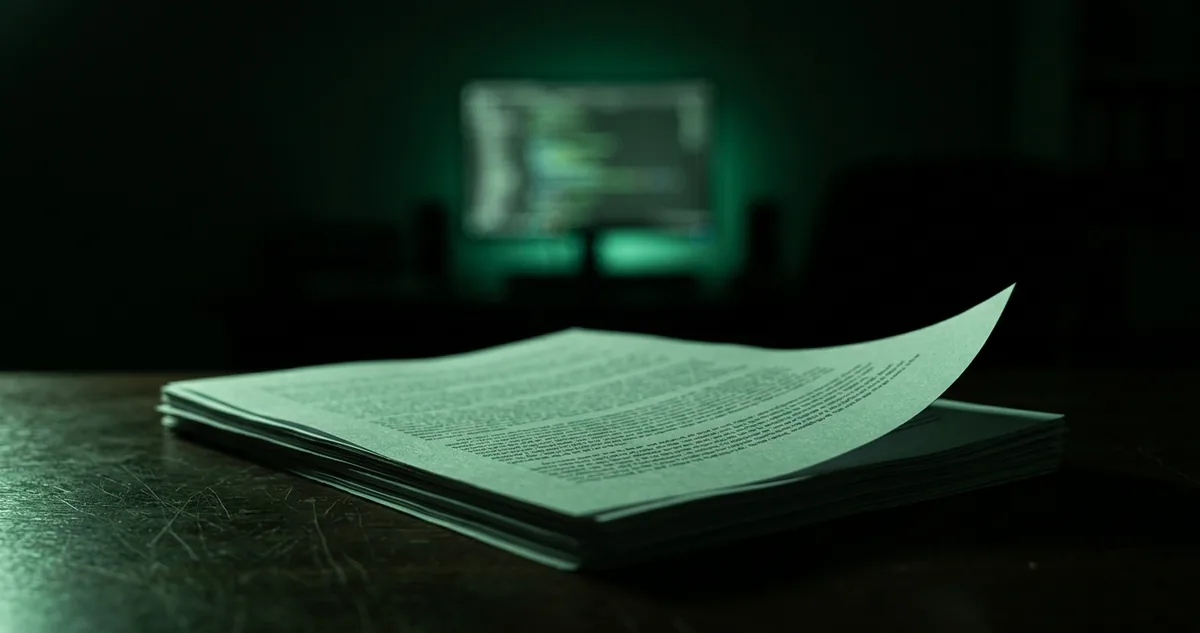 Bancada escura com caderno aberto numa lista de perguntas escritas à mão e tela desfocada ao fundo com brilho verde