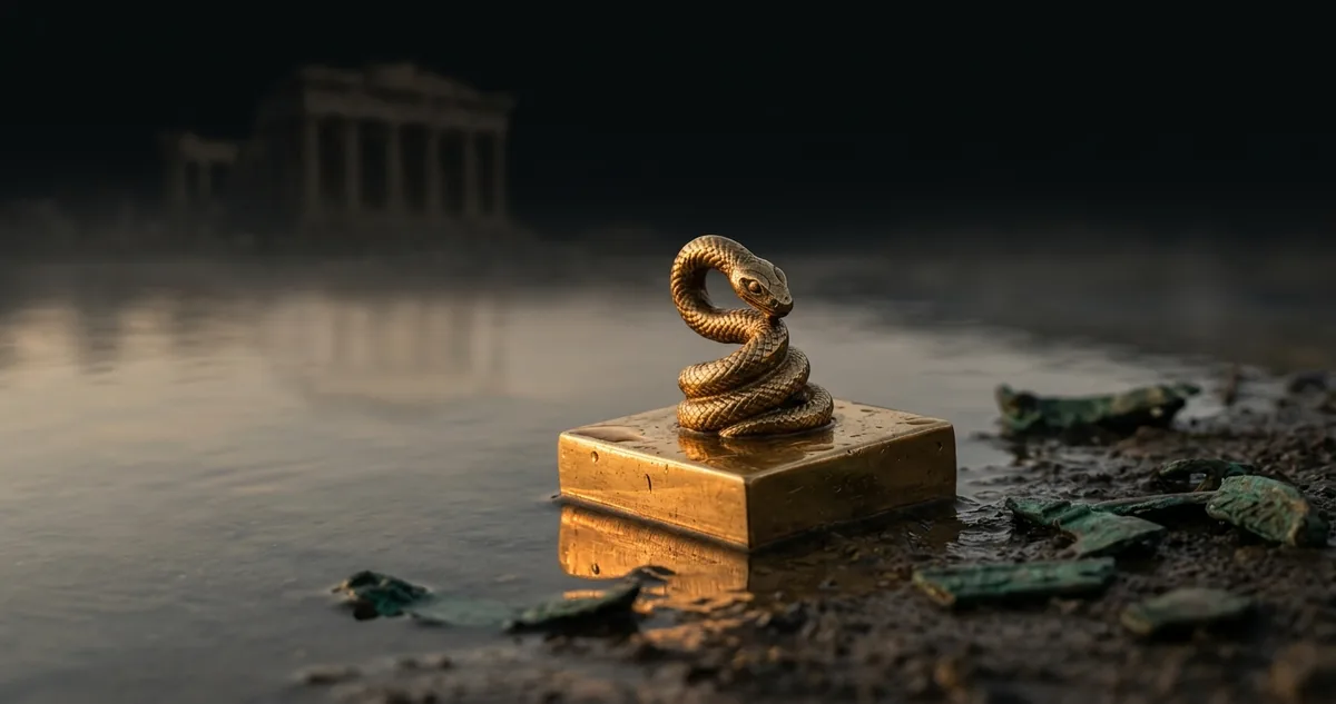 Selo de ouro com alça de serpente junto ao lago Dian