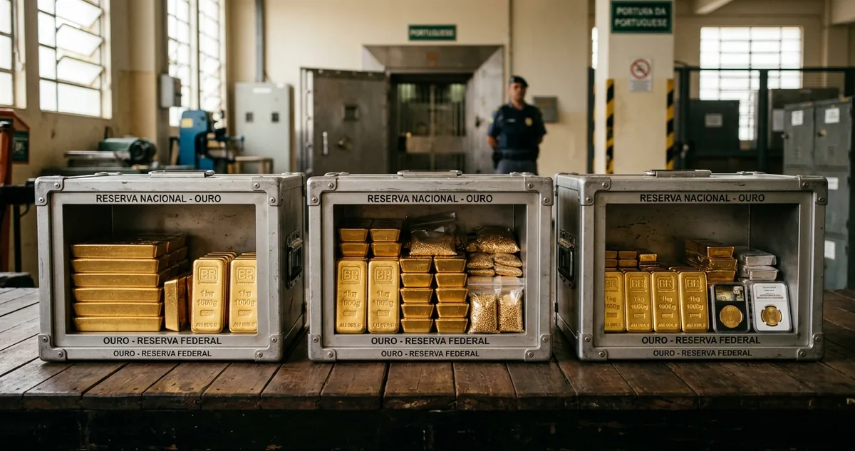 Barras de ouro empilhadas em prateleira metálica dentro de um cofre, sob luz fria.