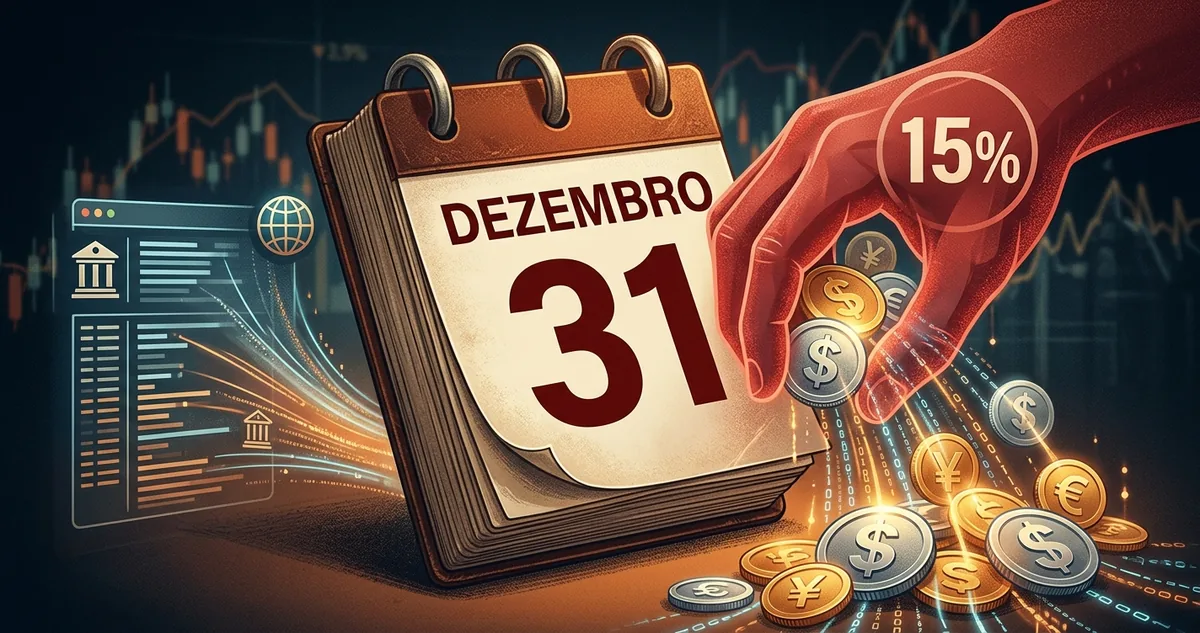 Calendário de dezembro apoiado na porta de aço de um cofre.