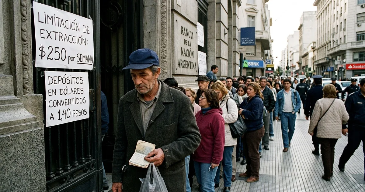 Porta de banco fechada com fila de pessoas na calçada.