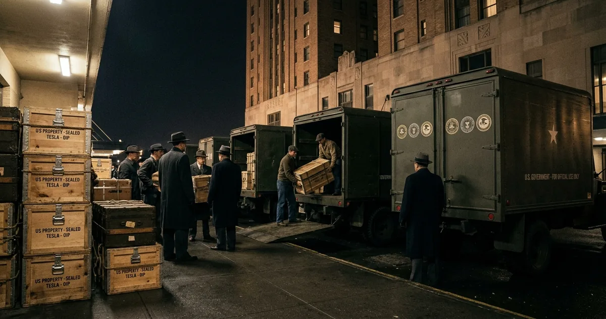 Baús de metal e volumes amarrados empilhados sob lacre num depósito de Manhattan, à luz fraca de uma lâmpada, no inverno de 1943.