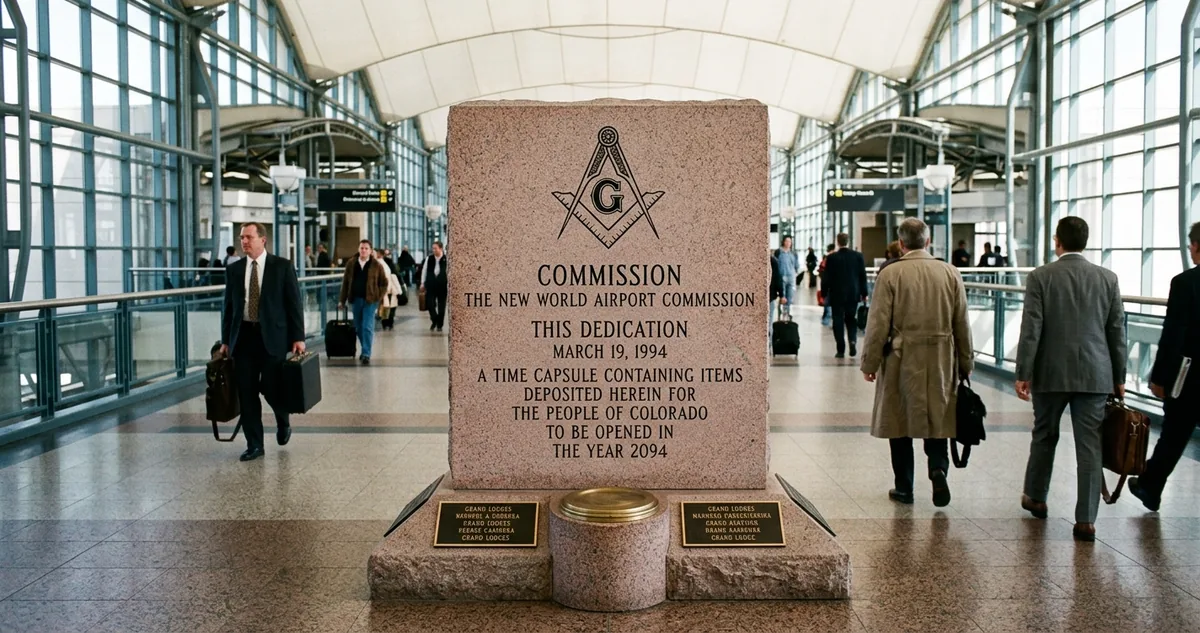Saguão principal do aeroporto internacional de Denver, com o teto de lona branca esticado em picos, piso de granito claro e passageiros de costas ao fundo.