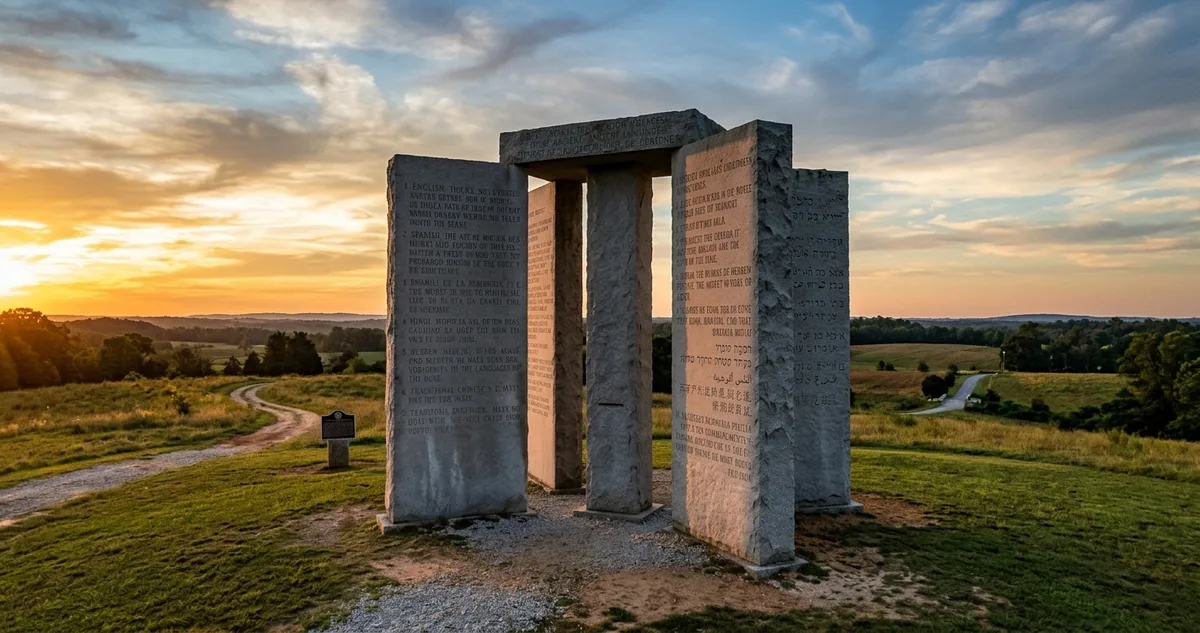 Monumento de seis lajes de granito azul erguido num morro gramado do condado de Elbert, na Geórgia, sob céu nublado de fim de tarde.
