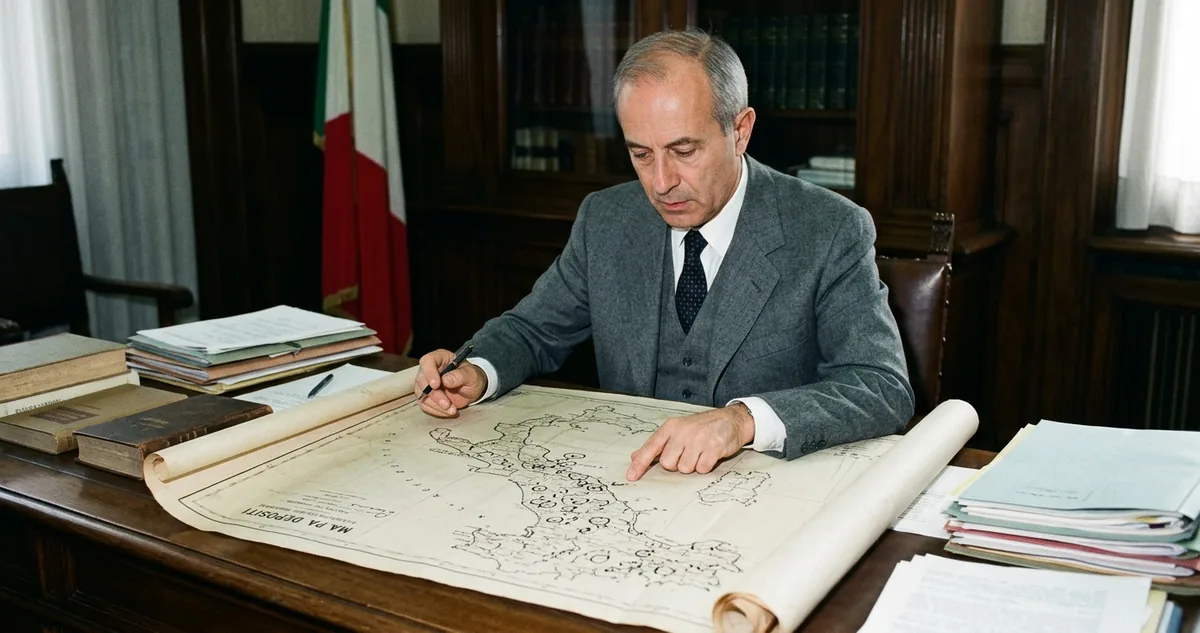 Caixa metálica lacrada com armas e rádio, desenterrada em campo rural italiano, ao lado de um relatório datilografado de 1990.