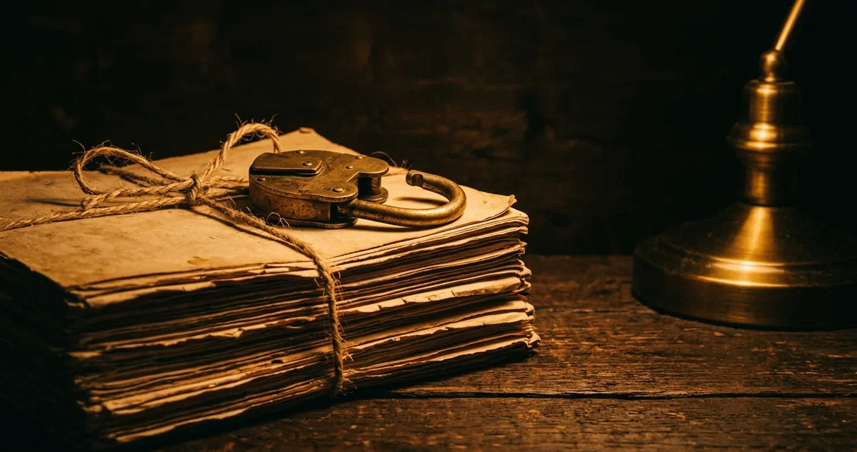 Mesa de arquivo com pasta de documentos desclassificados aberta sob luz de abajur, carimbo desfocado e microfilme ao lado.